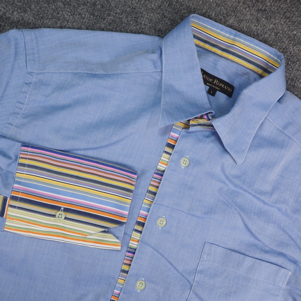 Senior Romano Dress Shirt Mens Large Blue Herringbone Contrast Cuff Made Italy